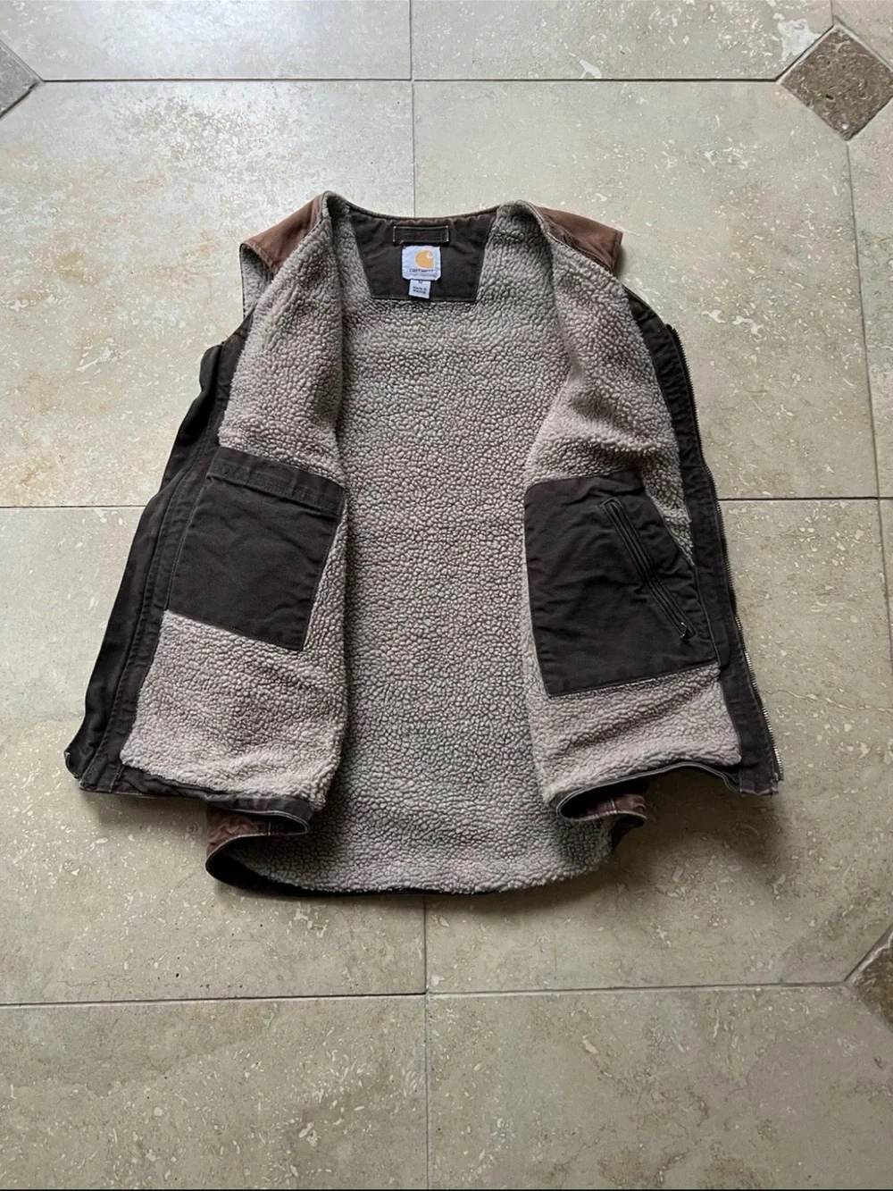 VTG Carhartt Canvas Sherpa Lined Faded Brown Workwear Vest Size Medium